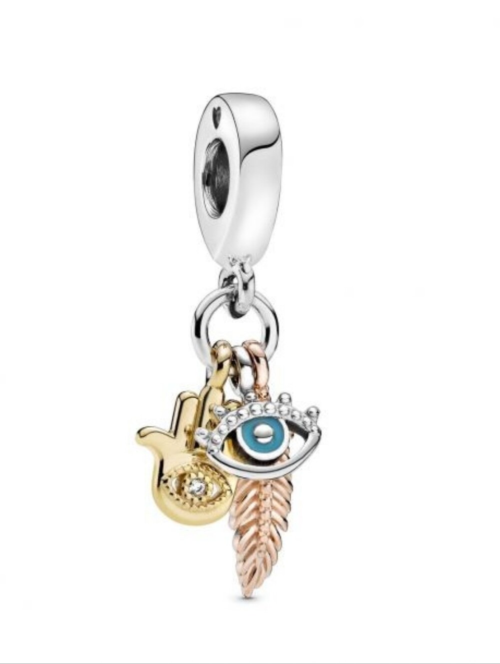 Pandora Gold, Silver & Rose Gold Hamsa, Evil Eye & Feather Dangle Charm